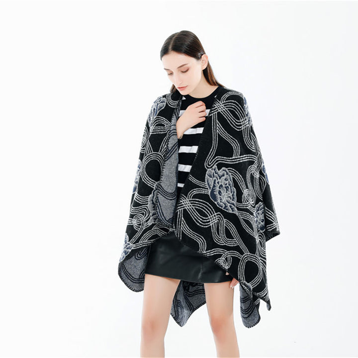 Women's Jacquard Ruana with floral relief and contrasting overlock seam Mune Fashion