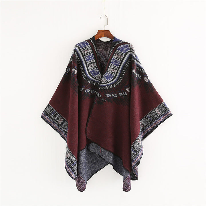 Women's Oversize Ruana Poncho in Ethno Jacquard with V-Neck and Border Edge Mune Fashion