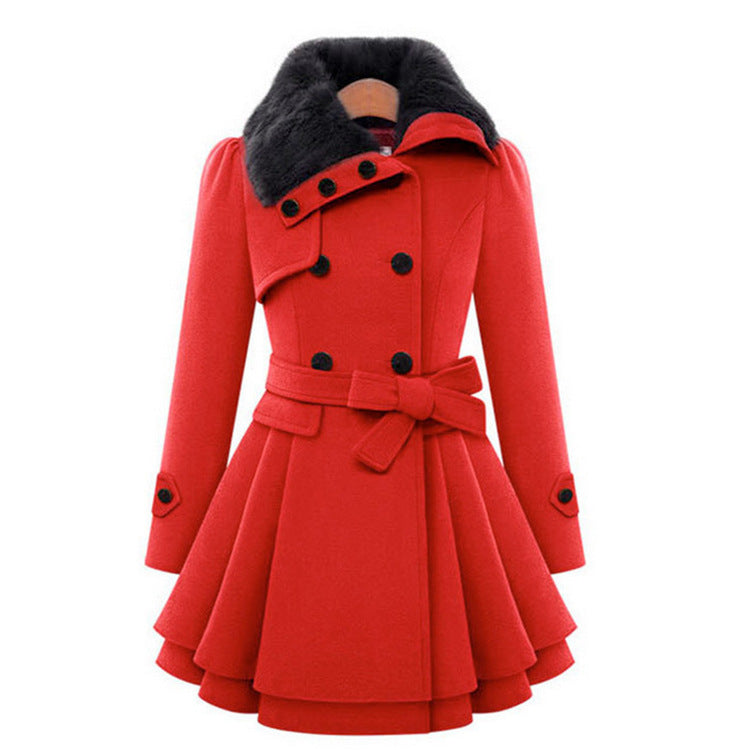 Women A-line wool blend coat with waist belt double-breasted and faux fur collar Mune Fashion