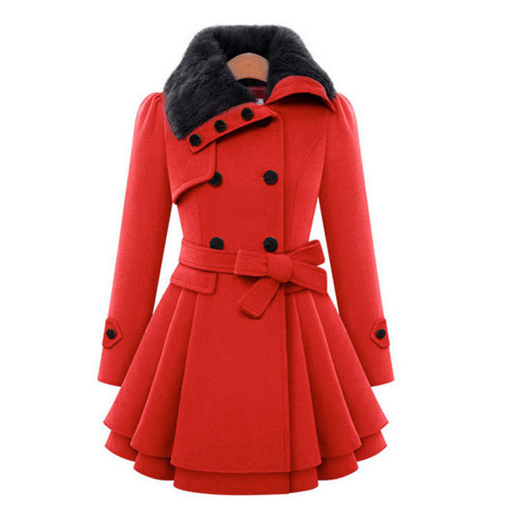 Women A-line wool blend coat with waist belt double-breasted and faux fur collar Mune Fashion
