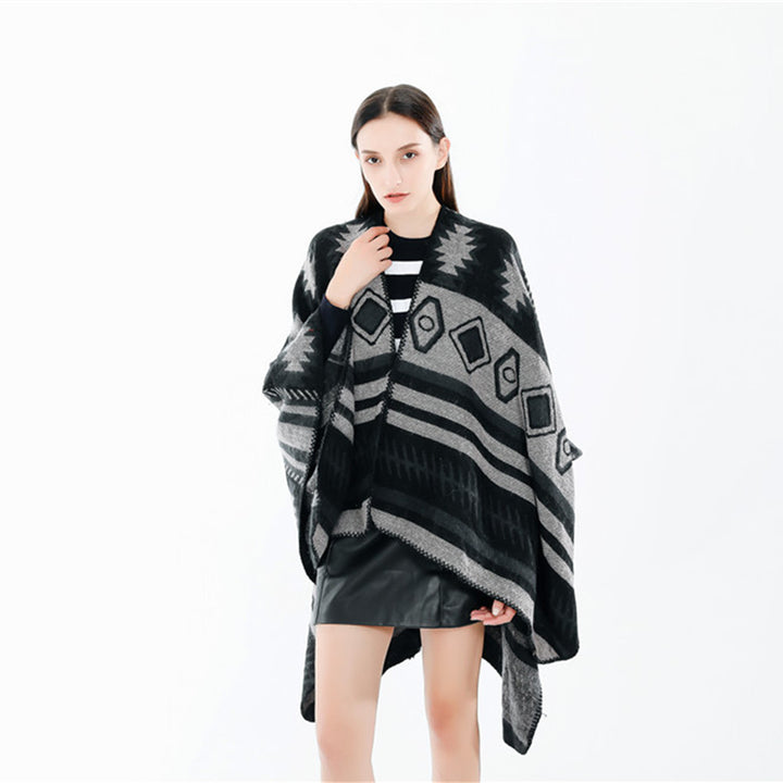 Women's Woven Jacquard Ruana Poncho with Geometric Ethno Pattern Mune Fashion