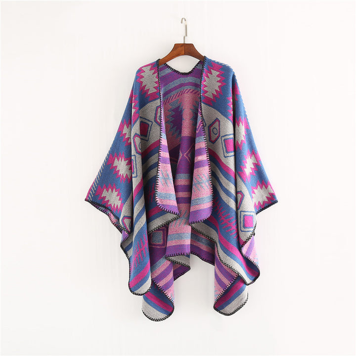 Women's Woven Jacquard Ruana Poncho with Geometric Ethno Pattern Mune Fashion