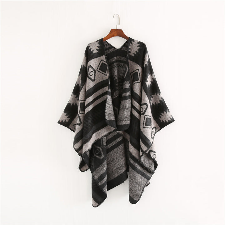 Women's Woven Jacquard Ruana Poncho with Geometric Ethno Pattern Mune Fashion