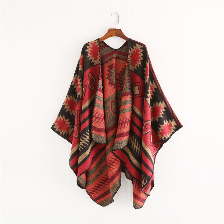 Women's Woven Jacquard Ruana Poncho with Geometric Ethno Pattern Mune Fashion