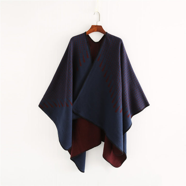 Women's Double Wool Mix Cape with Reversible Jacquard and Boxy Ruana Silhouette Mune Fashion