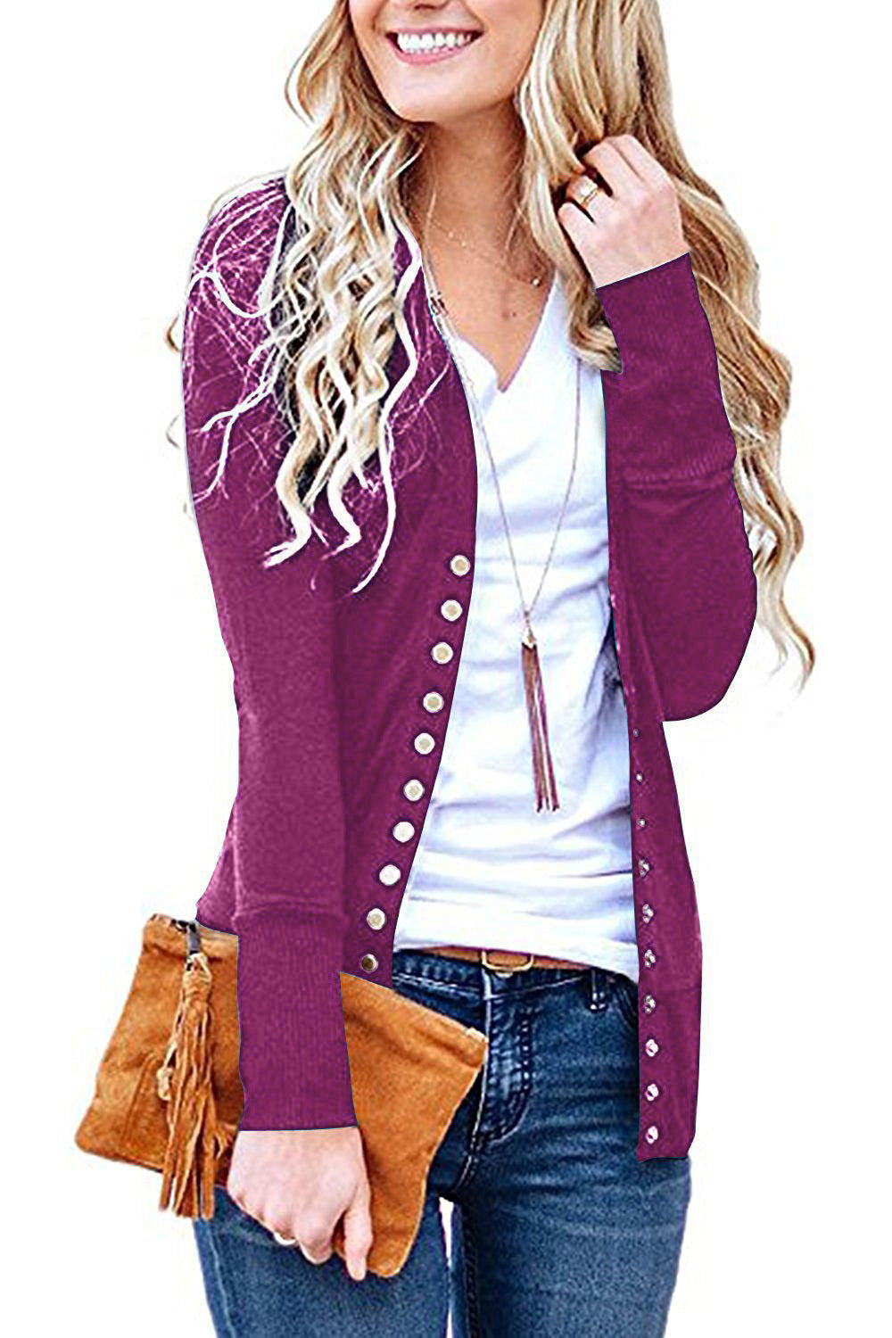 Women's fine knit cardigan with decorative metallic buttons and slim silhouette Mune Fashion