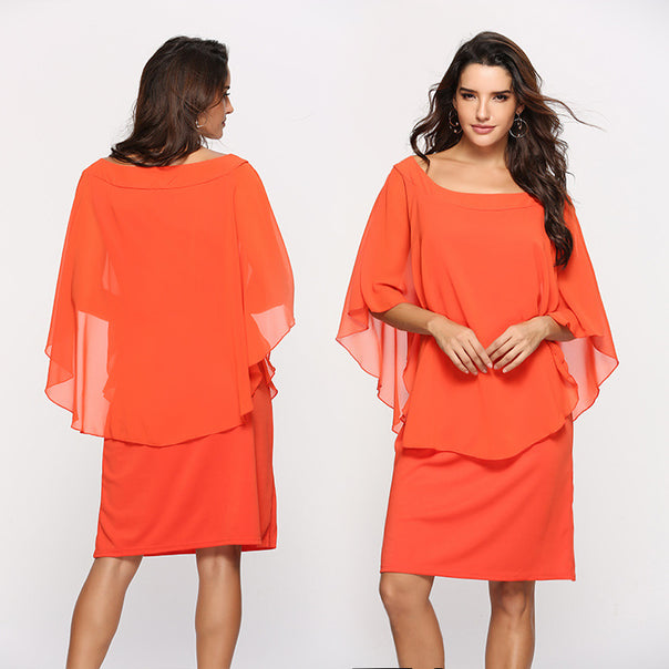 Women's chiffon overlay dress with cape sleeves and straight sheath dress Mune Fashion