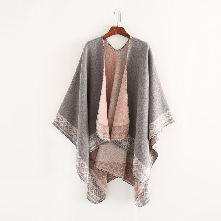 Women Oversize Doubleface Ruana with woven border and soft wool blend Mune Fashion