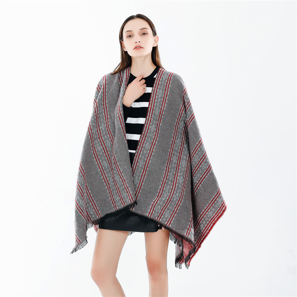 Women's Jacquard Ruana Poncho with Fringes and Open Oversized Fall Mune Fashion