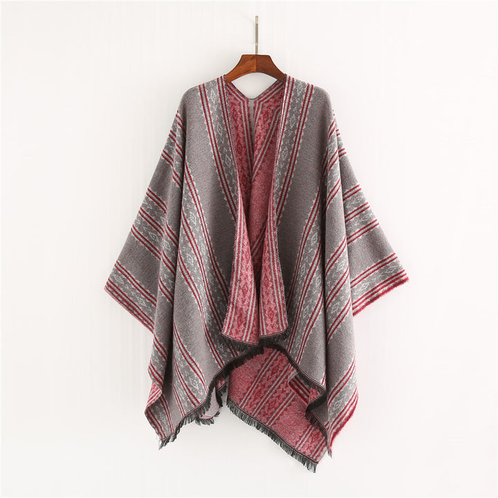 Women's Jacquard Ruana Poncho with Fringes and Open Oversized Fall Mune Fashion