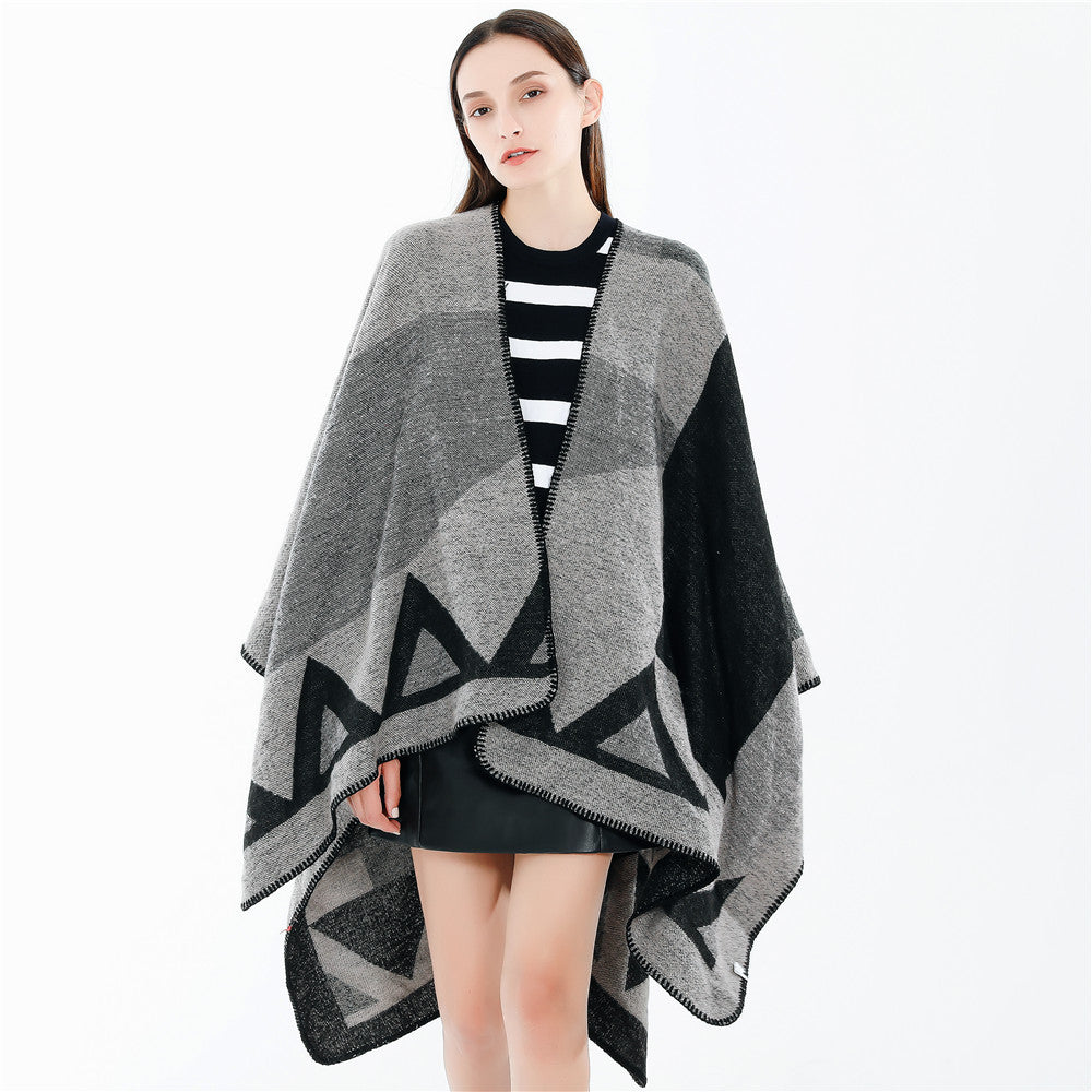 Women's Boxy Wool Blend Ruana with Geometric Patch Jacquard and Decorative Stitching