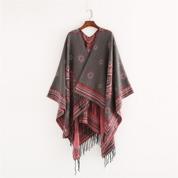 Women's Jacquard Poncho in Oversized Kimono Cut with Fringe
