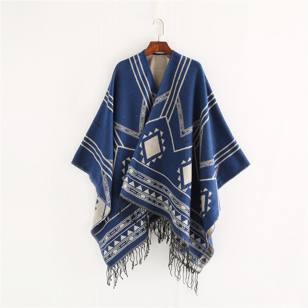 Women's Oversized Fringe Poncho in Aztec Pattern made of Wool Blend Mune Fashion