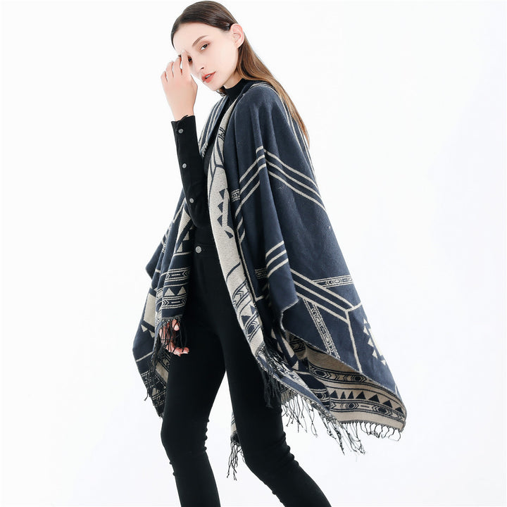 Women's Oversized Fringe Poncho in Aztec Pattern made of Wool Blend Mune Fashion