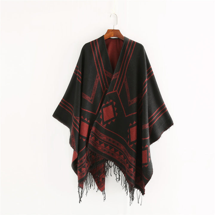 Women's Oversized Fringe Poncho in Aztec Pattern made of Wool Blend Mune Fashion
