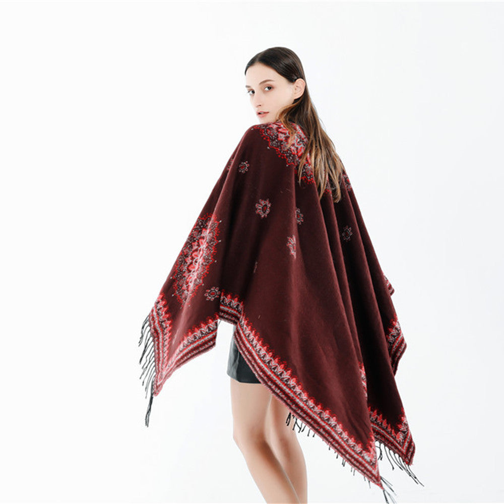 Women's Jacquard Poncho in Oversized Kimono Cut with Fringe