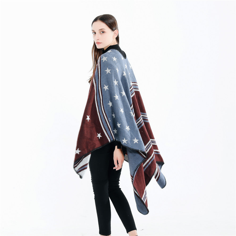 Women’s Ruana Wrap with Star Motif and Two-Tone Jacquard Edge Mune Fashion