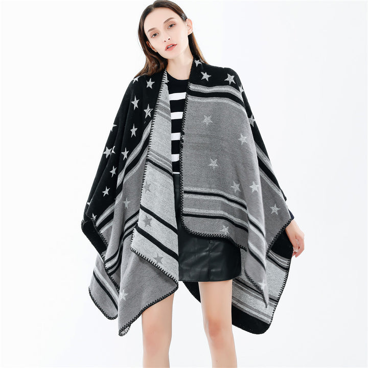Women’s Ruana Wrap with Star Motif and Two-Tone Jacquard Edge Mune Fashion