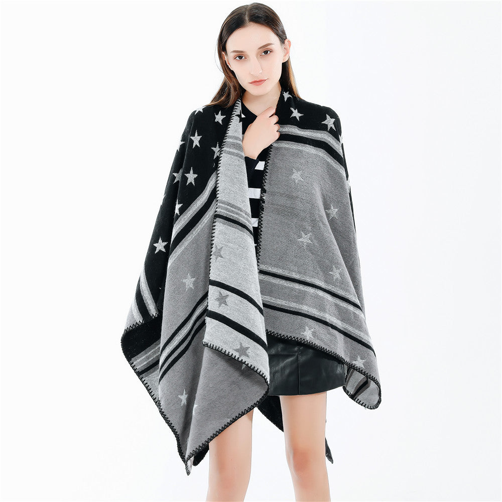 Women’s Ruana Wrap with Star Motif and Two-Tone Jacquard Edge Mune Fashion