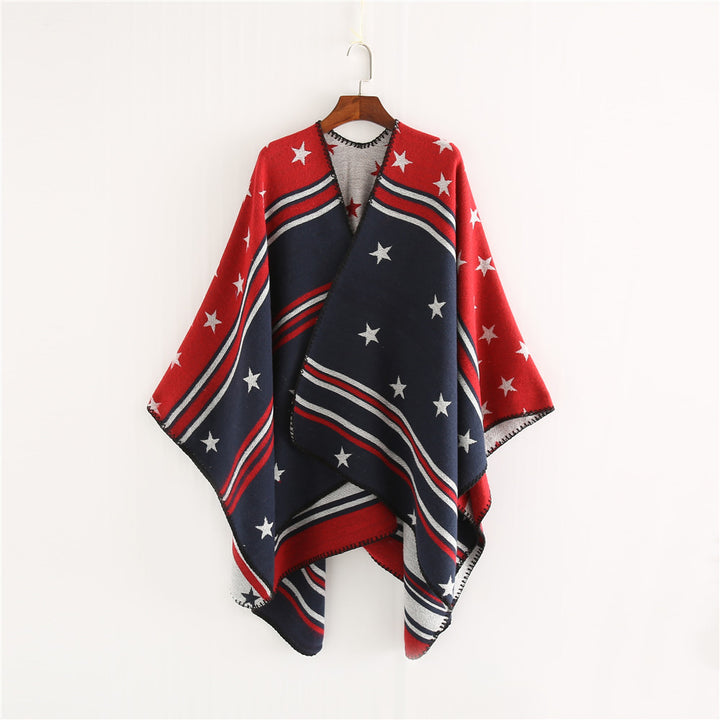 Women’s Ruana Wrap with Star Motif and Two-Tone Jacquard Edge Mune Fashion