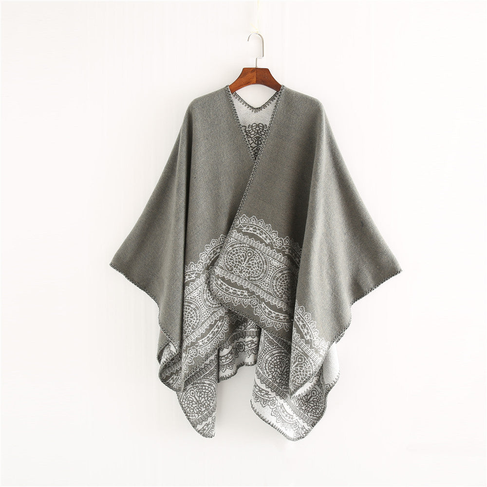 Women's Ornamental patterned Ruana poncho with open kimono fall Mune Fashion
