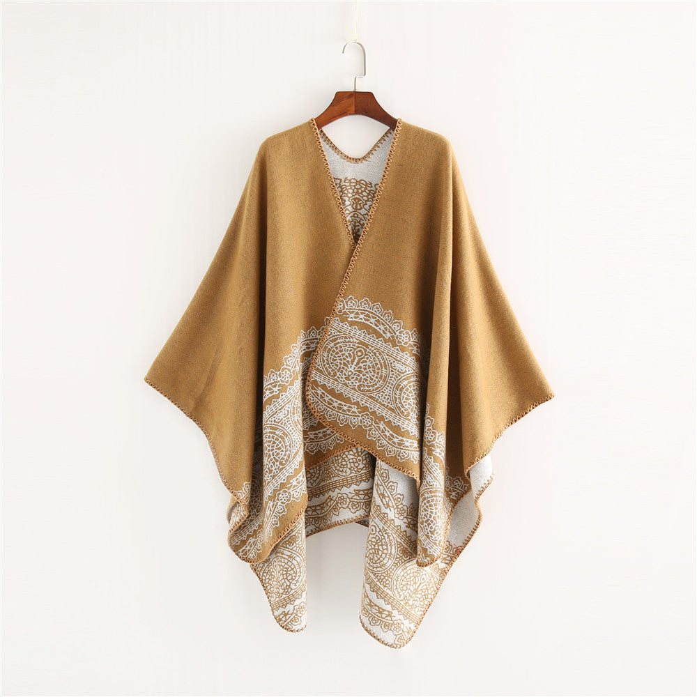 Women's Ornamental patterned Ruana poncho with open kimono fall Mune Fashion