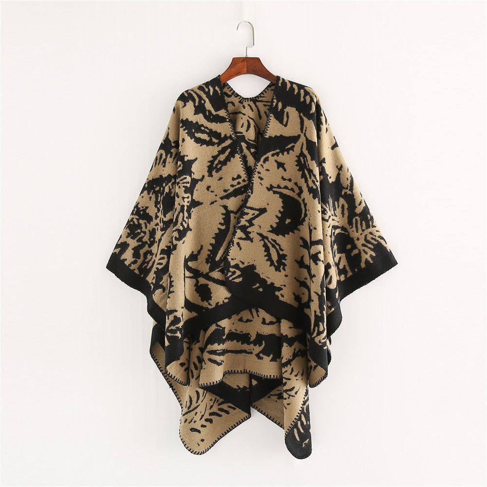Women's Jacquard Ruana Wrap with Floral Woven Structure and Decorative Edge Mune Fashion