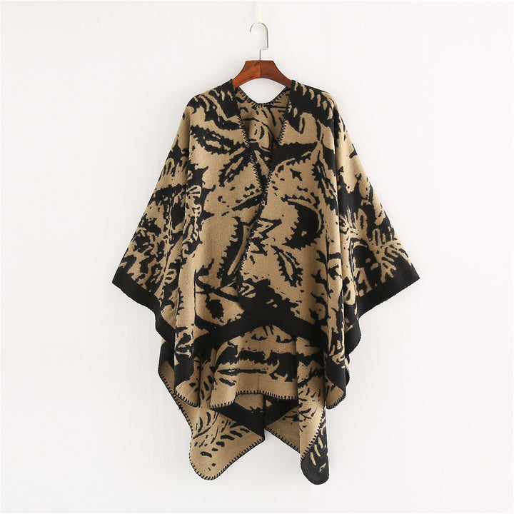 Women's Jacquard Ruana Wrap with Floral Woven Structure and Decorative Edge Mune Fashion