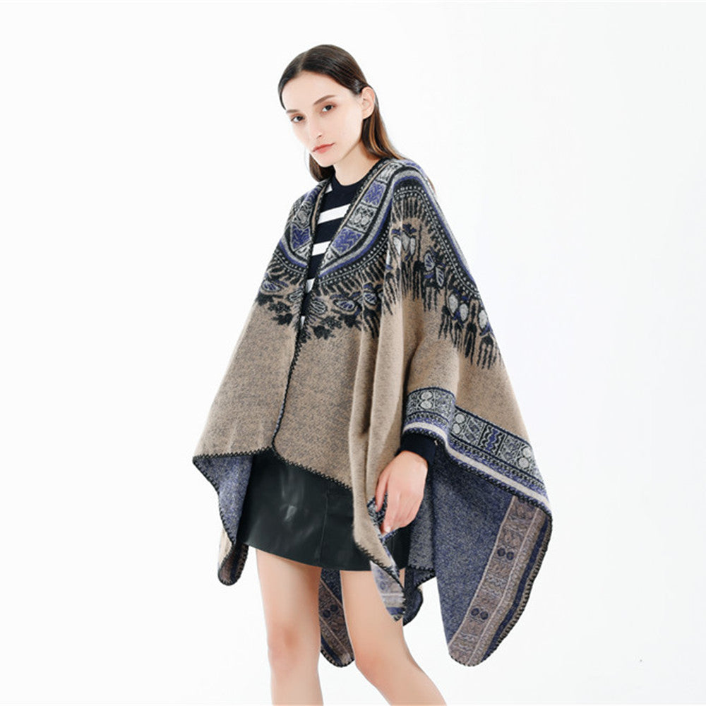 Women's Oversize Ruana Poncho in Ethno Jacquard with V-Neck and Border Edge Mune Fashion