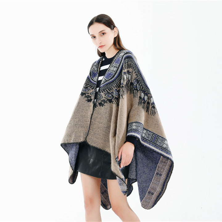 Women's Oversize Ruana Poncho in Ethno Jacquard with V-Neck and Border Edge Mune Fashion