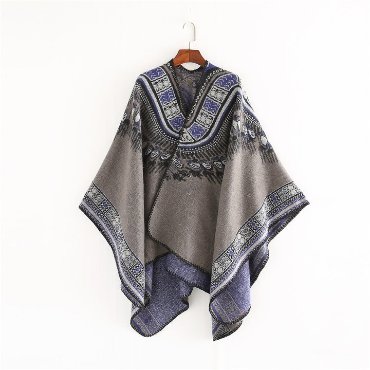 Women's Oversize Ruana Poncho in Ethno Jacquard with V-Neck and Border Edge Mune Fashion
