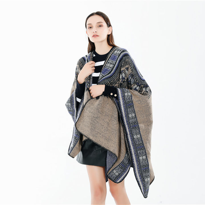 Women's Oversize Ruana Poncho in Ethno Jacquard with V-Neck and Border Edge Mune Fashion