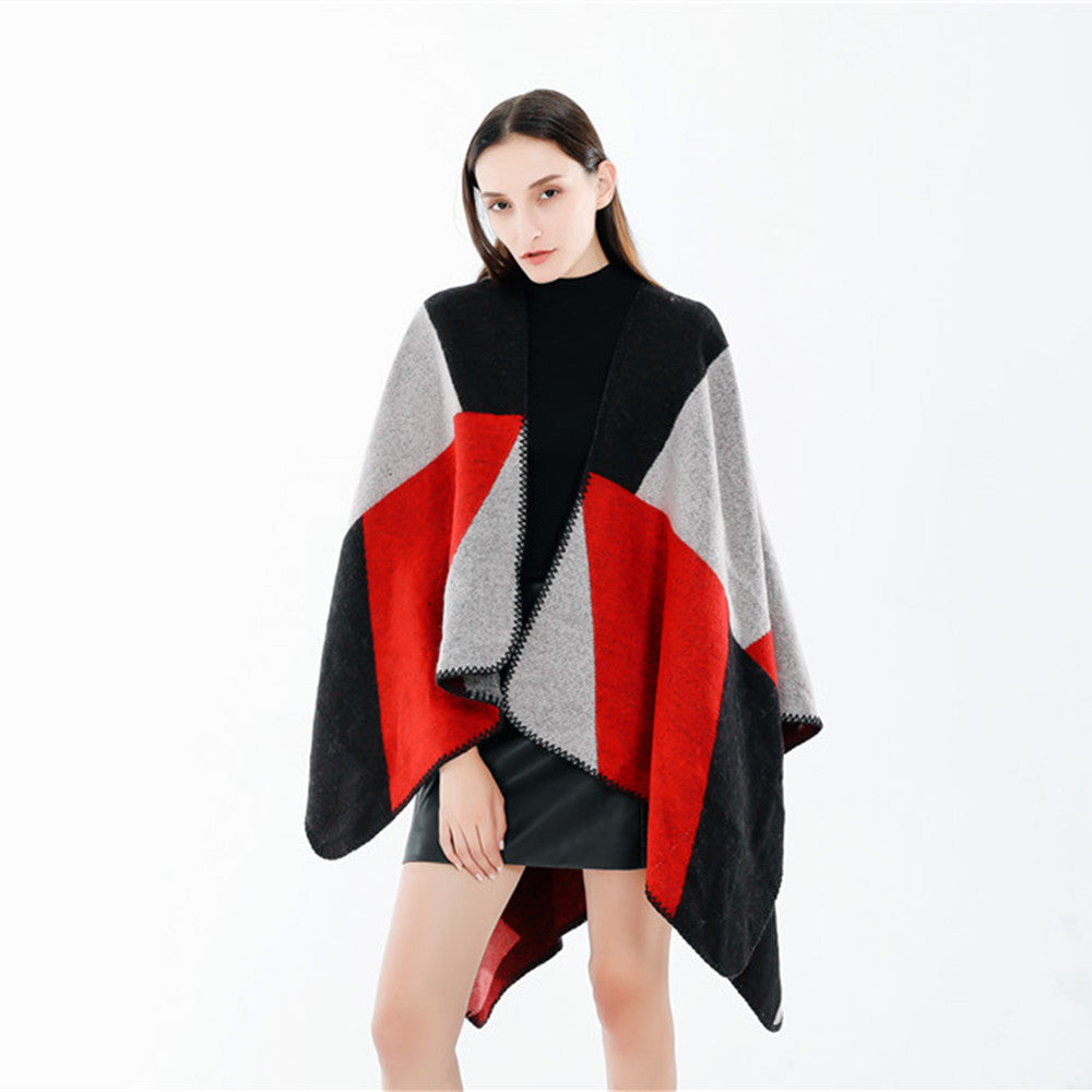 Women Soft-Falling Cape Overlay in Oversized Ruana Style with Contrasting Round Surfaces and Decorative Chain Stitching.