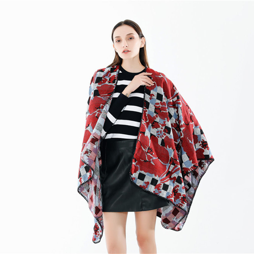 Women's Oversized Ruana with V-Neck and Jacquard Check Floral Pattern Mune Fashion