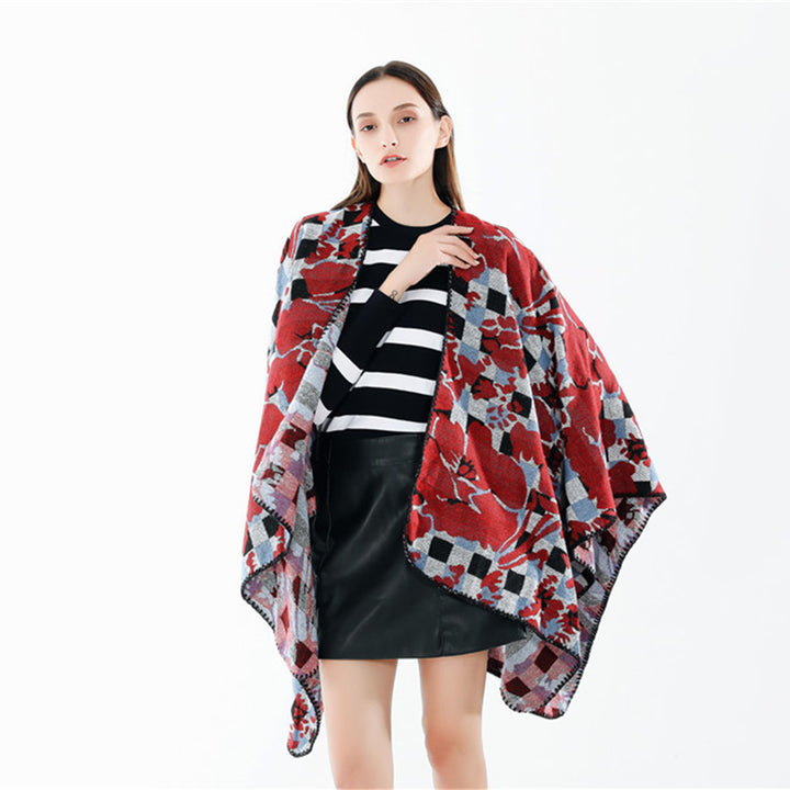 Women's Oversized Ruana with V-Neck and Jacquard Check Floral Pattern Mune Fashion