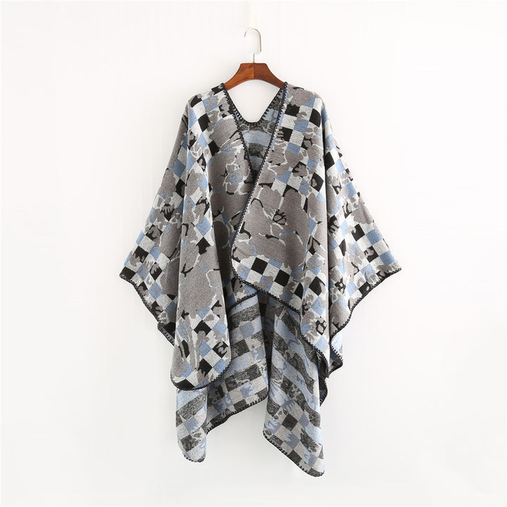 Women's Oversized Ruana with V-Neck and Jacquard Check Floral Pattern Mune Fashion