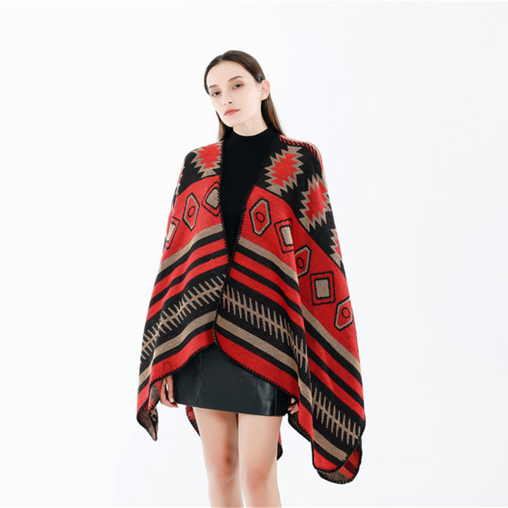 Women's Woven Jacquard Ruana Poncho with Geometric Ethno Pattern Mune Fashion