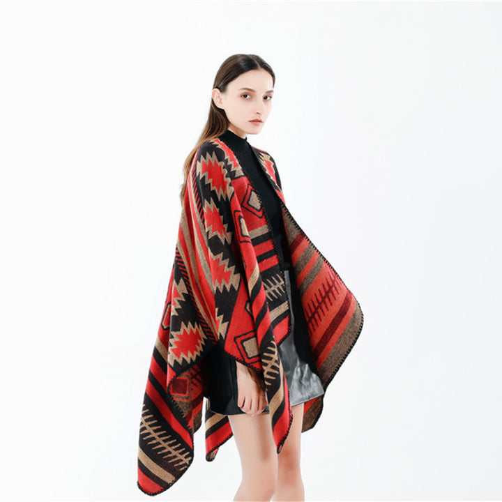 Women's Woven Jacquard Ruana Poncho with Geometric Ethno Pattern Mune Fashion