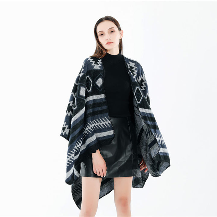 Women's Woven Jacquard Ruana Poncho with Geometric Ethno Pattern Mune Fashion