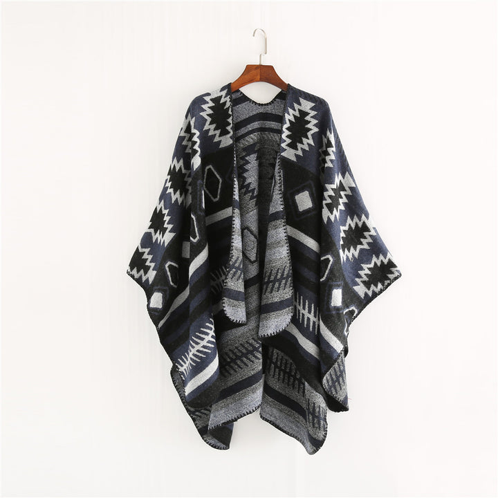 Women's Woven Jacquard Ruana Poncho with Geometric Ethno Pattern Mune Fashion