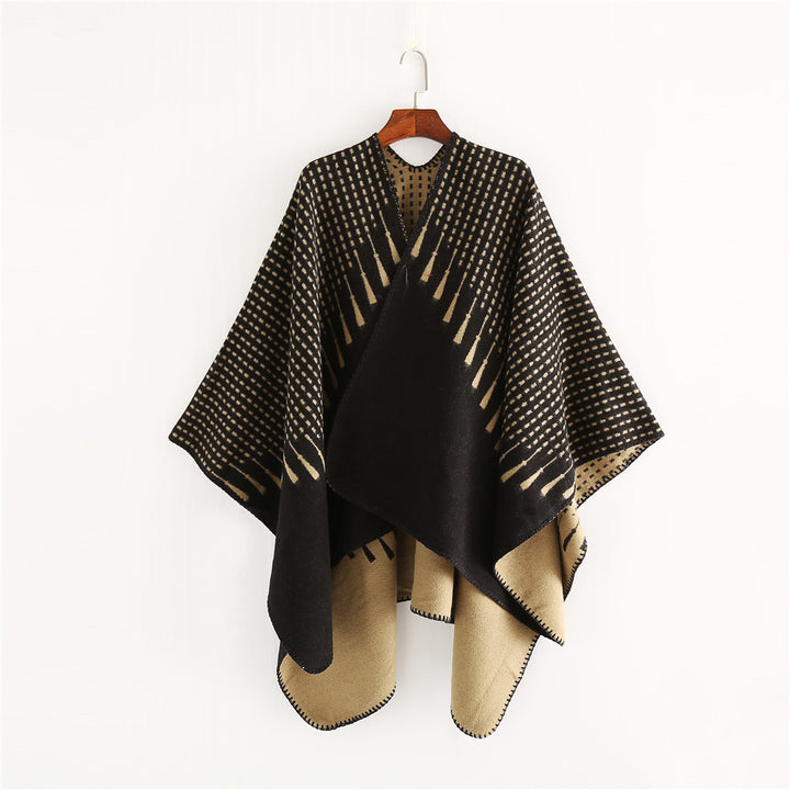 Women's Double Wool Mix Cape with Reversible Jacquard and Boxy Ruana Silhouette Mune Fashion