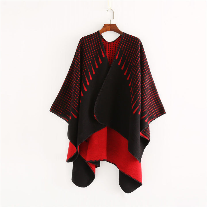 Women's Double Wool Mix Cape with Reversible Jacquard and Boxy Ruana Silhouette Mune Fashion