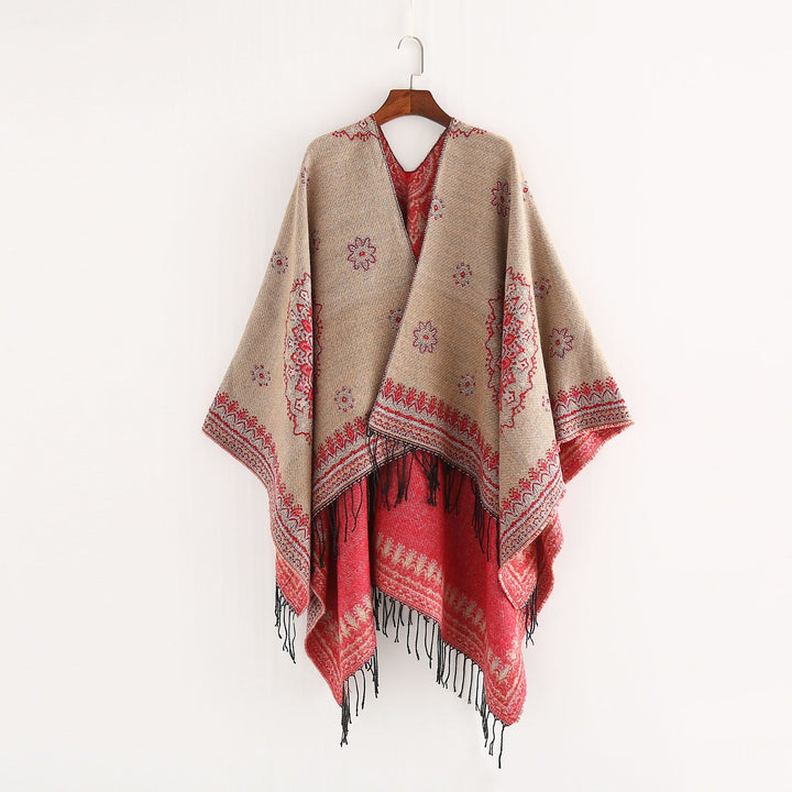 Women's Jacquard Poncho in Oversized Kimono Cut with Fringe