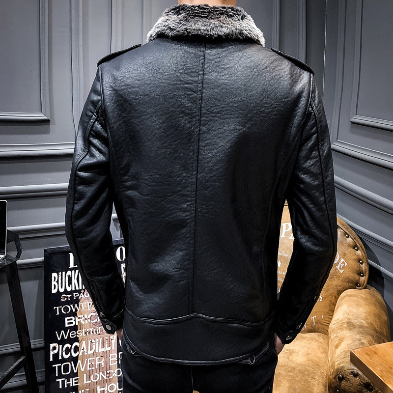 Men's biker leather jacket with faux fur collar and military badges Mune Fashion