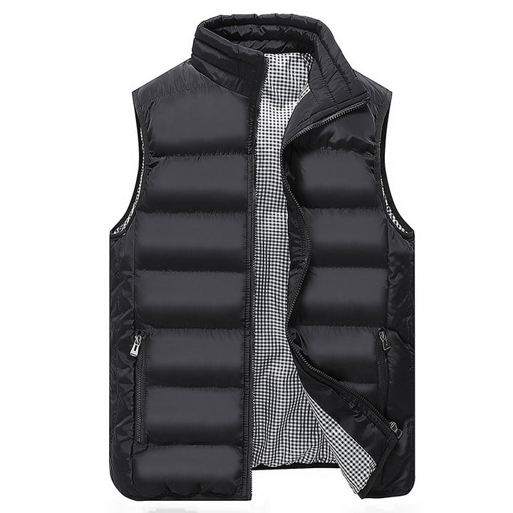 Men's Padded Quilted Vest with High Standing Collar, Zipper Pockets and Checked Lining Mune Fashion