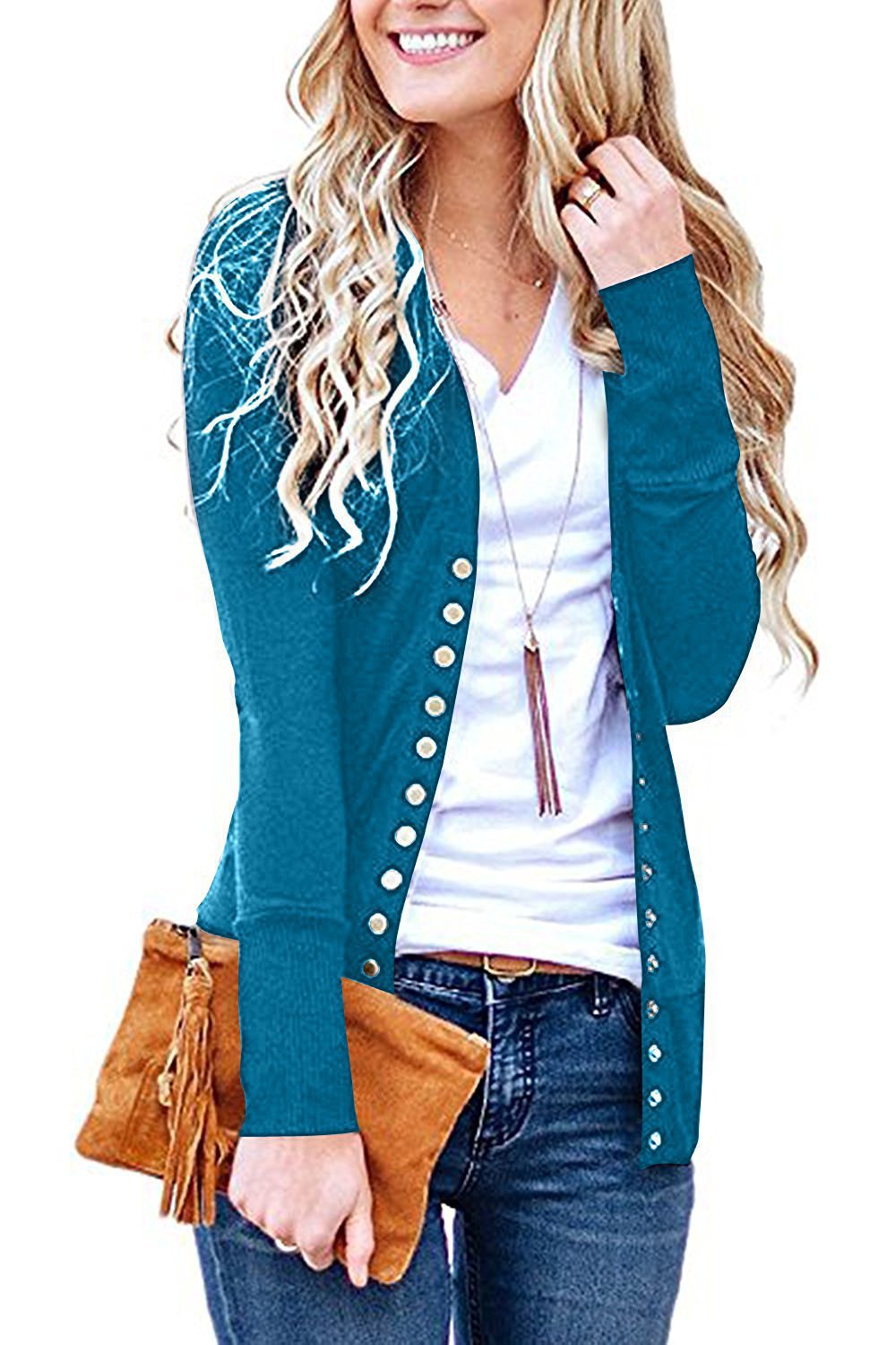 Women's fine knit cardigan with decorative metallic buttons and slim silhouette Mune Fashion