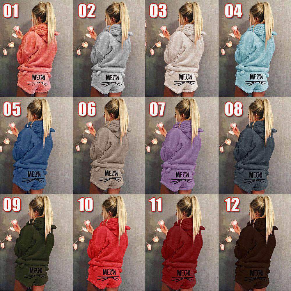 Ladies cozy two-piece lounge set with hoodie and shorts with MEOW embroidery Mune Fashion
