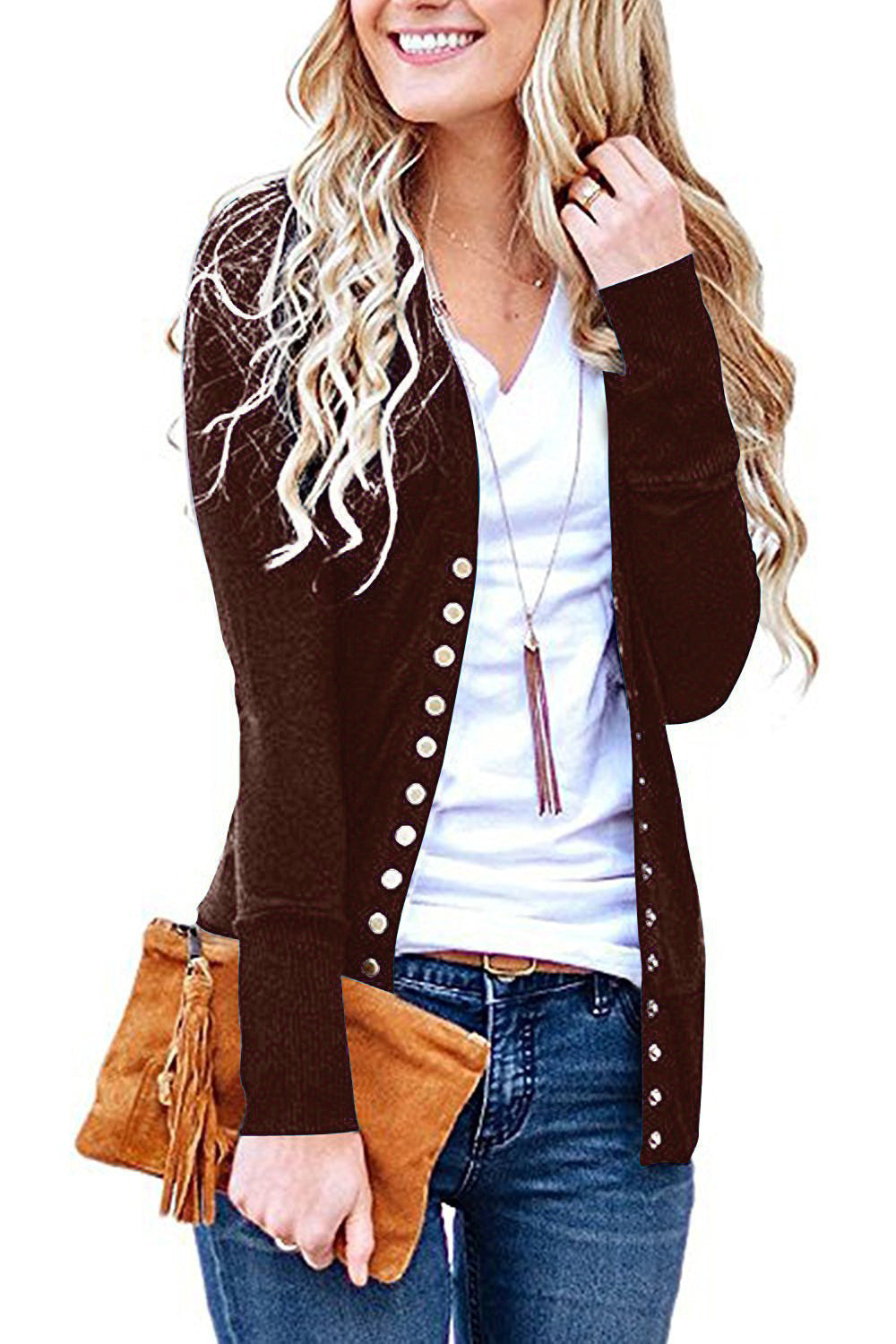 Women's fine knit cardigan with decorative metallic buttons and slim silhouette Mune Fashion