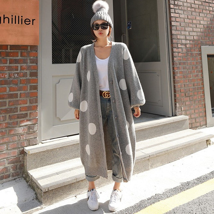 Women's Long Oversized Knit Coat with Large Polka Dot Pattern, Balloon Sleeves and Open Front Mune Fashion