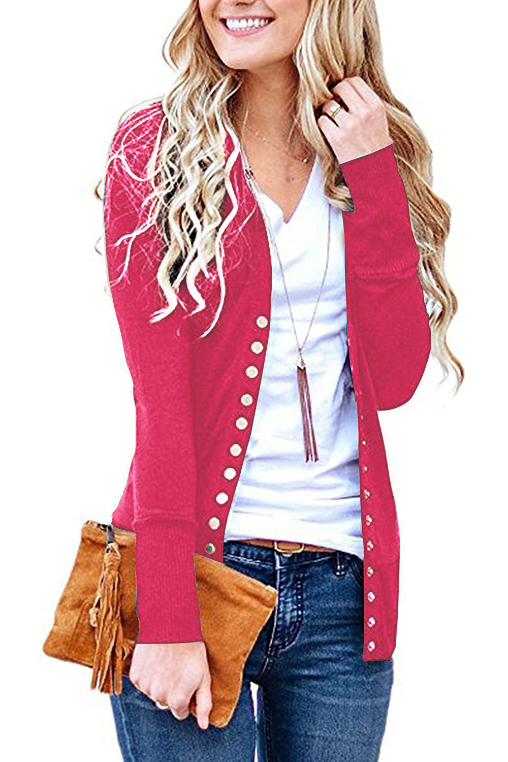 Women's fine knit cardigan with decorative metallic buttons and slim silhouette Mune Fashion